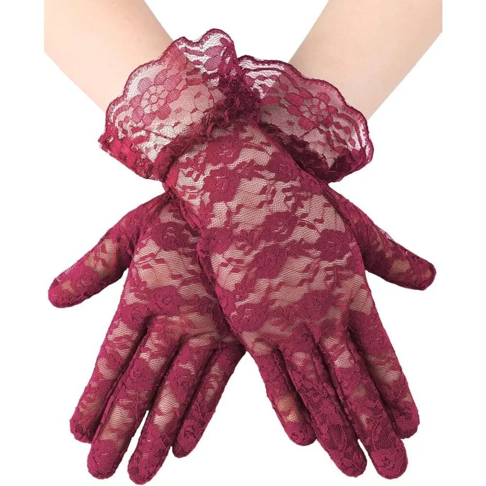 Women's Short Lace Courtesy Elegant Gloves Burgundy Wedding Dinner Opera Parties